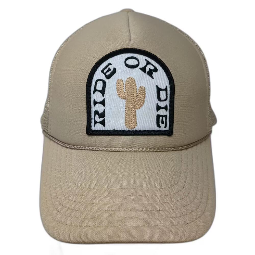 Local Beach Trucker Hat Beige Black Ride or Die Cactus Patch OS Hat Adjustable